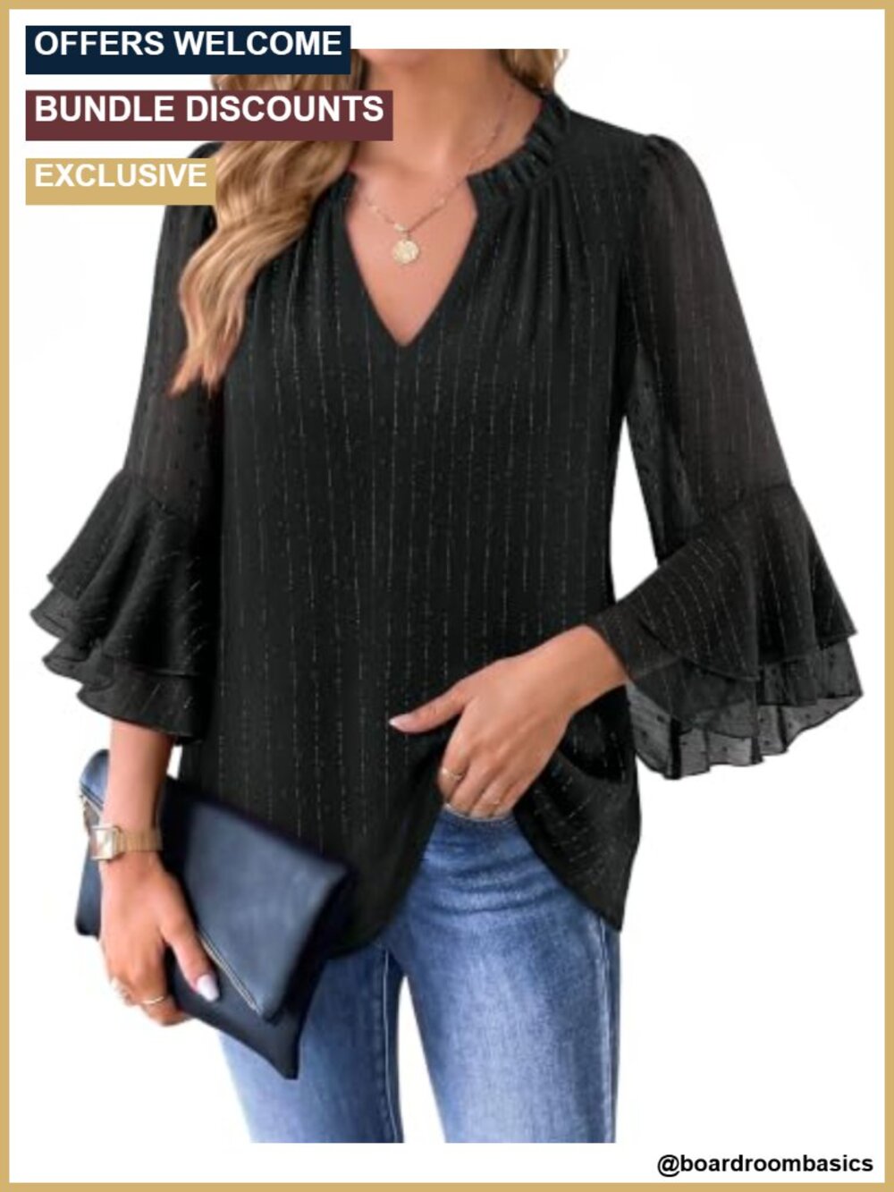 Double-Layer Chiffon Ruffle Neck 3/4 Sleeve Dressy Blouse